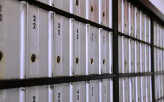 Rows of pale filing folders receding down a shelf